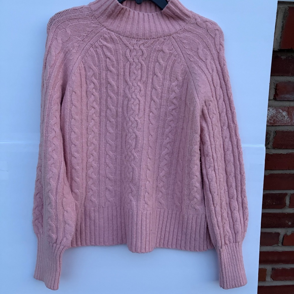Rachel Zoe Pink Cable Knit Mock Neck Sweater Womens Small Raglan Long Sleeve